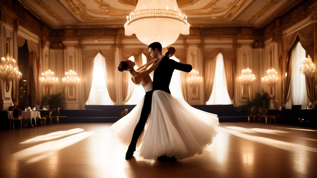An elegant ballroom dance couple performing a waltz in a grand ballroom, with the female dancer wearing a flowing white tutu and the male dancer wearing a black tuxedo. The ballroom is adorned with ch