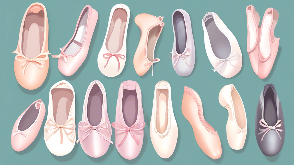 An illustration of a detailed ballet shoe buying guide, featuring various top picks with accompanying reviews. The image should include different styles of ballet shoes, each with a summary of key features and customer ratings.