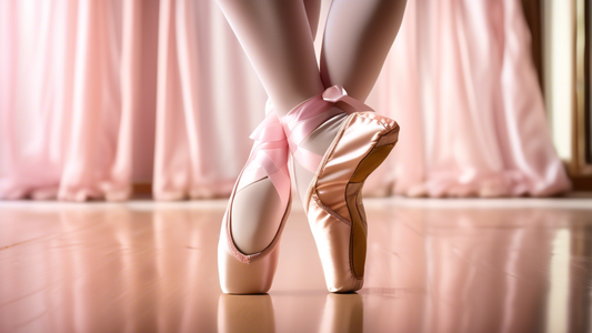 An elegant ballerina pointe shoe, in soft pink satin, with intricate criss-crossed ribbon laces and a delicate arch. The shoe is poised on top of a wooden ballet barre, in a dance studio with soft lig
