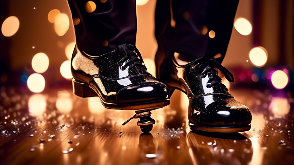 A joyful close-up shot of a pair of black patent leather tap shoes with metal taps attached, rhythmically tapping against a wooden dance floor, surrounded by swirling glitter and musical notes.