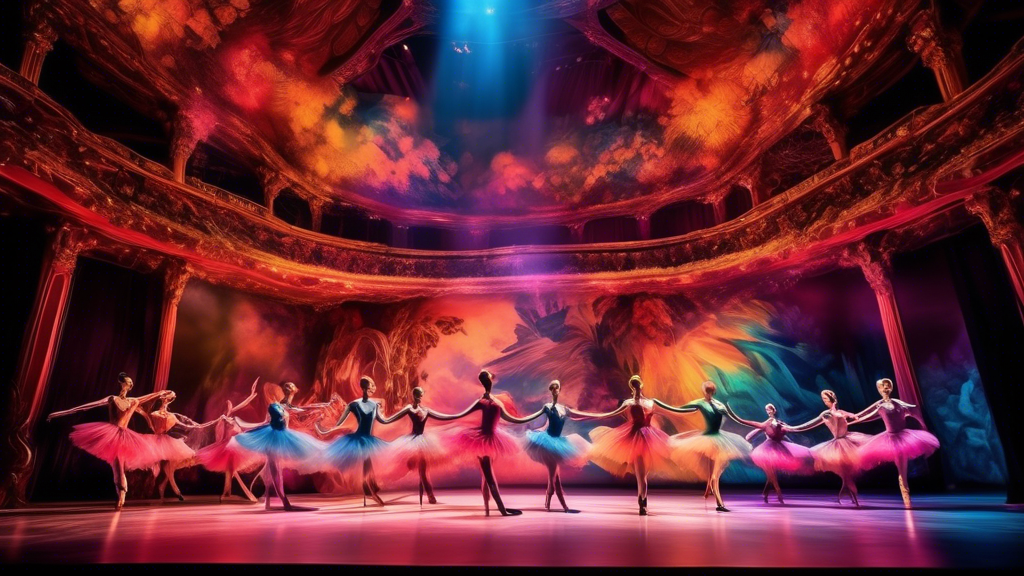 A vibrant and dynamic stage setting for a ballet performance, with dancers in flowing costumes, under dramatic lighting and surrounded by intricate stage props and scenery.