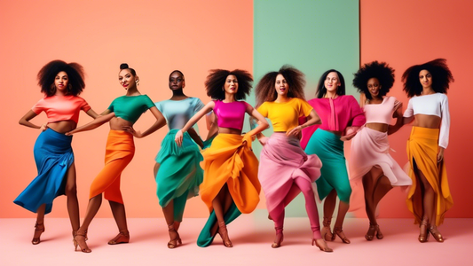 A group of diverse dancers, all wearing unique tailored tops and skirts, expressing their individuality and creativity through their dance attire.