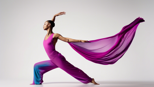 An image of a dancer wearing a vibrant yoga jumpsuit, striking a graceful pose against a backdrop of a flowing, ethereal fabric that complements the jumpsuit's fluidity. The jumpsuit should showcase t
