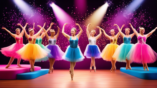 Create an image of a vibrant and dynamic dance stage filled with colorful and eye-catching dance accessories such as glittery tiaras, sparkling tutus, shimmering dance shoes, and graceful ribbons. The stage should convey the excitement and energy of 