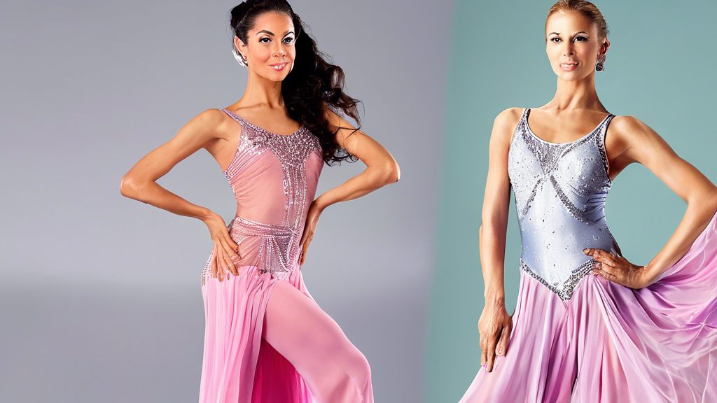 A wide selection of affordable ballroom dancewear for women and men, including dresses, skirts, tops, pants, and shoes, displayed on a website or online store.