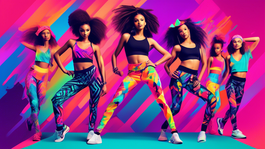 Create an image of an eclectic and vibrant dancewear collection featuring trendy pieces such as bold patterned leggings, sparkling crop tops, funky sneakers, and statement hair accessories. Each item should showcase unique textures, neon colors, and 