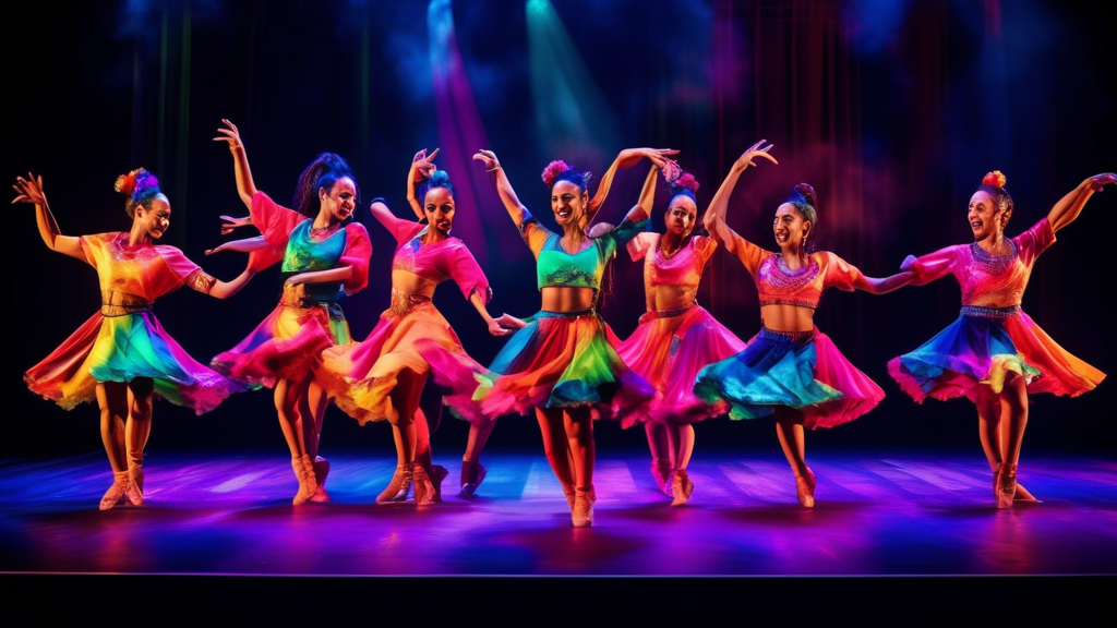 A group of dancers on a stage, wearing colorful and coordinated dance sets. The sets are designed to complement each other and create a unified look for the performance. The dancers are smiling and mo