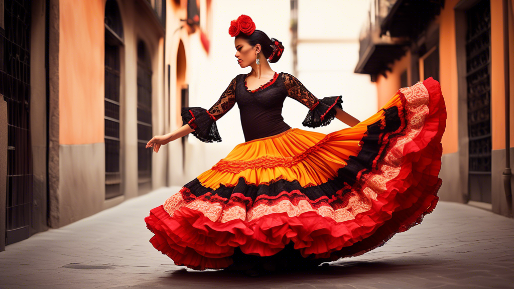 An elaborate flamenco dress with a full, flowing skirt and a vibrant color scheme, designed to showcase the dancer's movements and passion on stage. The costume should feature intricate lace, ruffles,