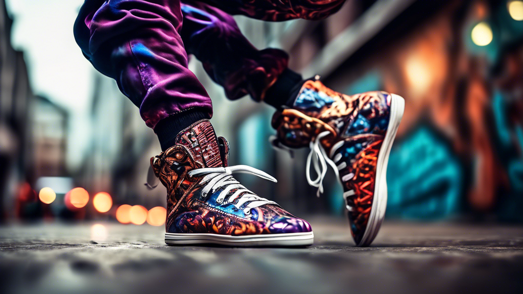 A dancer wearing stylish and functional street dance shoes, showcasing dynamic and energetic moves in an urban setting, with a focus on the intricate details of the shoes and the dancer's fluid moveme