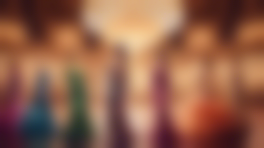 Create an elegant ballroom scene with multiple women in various beautiful and colorful sequin dresses. The women should be dancing or posing gracefully in the grand ballroom, surrounded by sparkling c