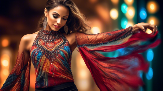 A glamorous woman wearing an exquisite salsa dance top with intricate beading and flowing fabric, showcasing the secrets of top-notch salsa dance.