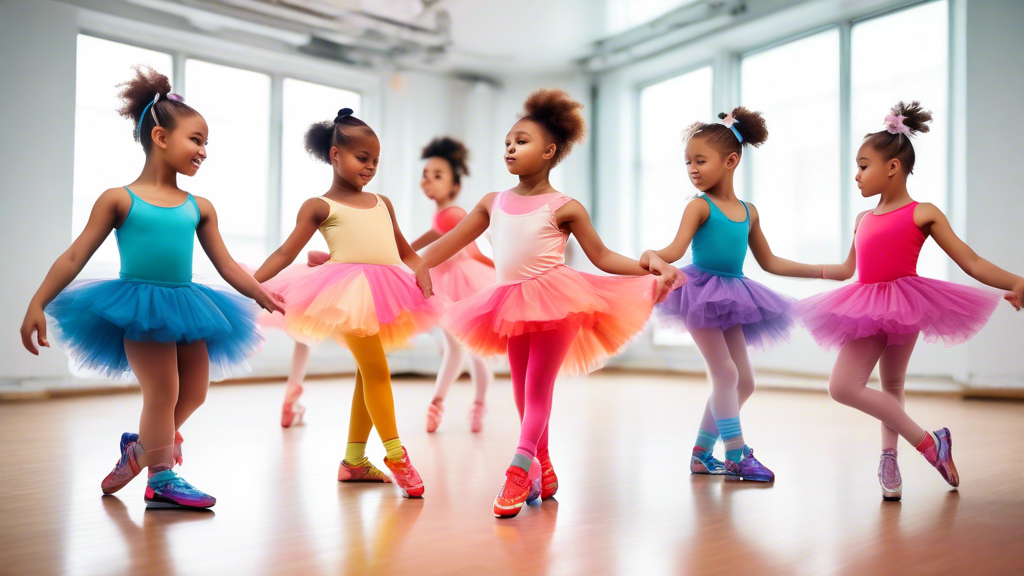 A diverse group of children wearing colorful dance sneakers, dancing in a studio with mirrors and ballet barres, highlighting the significance of color in kids' dance sneakers.