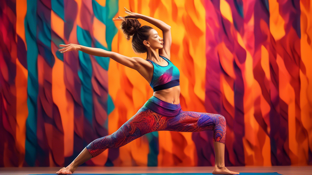 A woman in a stylish yoga outfit strikes a dynamic dance pose, her body moving fluidly and gracefully. The outfit features vibrant colors and patterns, highlighting the woman's strength and flexibilit