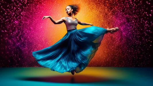 An elegant and dynamic dancer performing a graceful leap in a flowing, shimmering dance skirt and a sparkling top, set against a vibrant and energetic stage background.