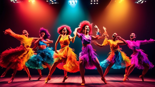 A group of dancers performing a jazz routine on a stage, with colorful costumes and energetic moves.