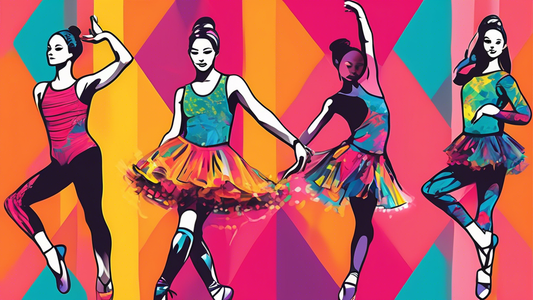 Create an image of a colorful and diverse selection of dancewear items, including leotards, tutus, leggings, shoes, and accessories, to represent a variety of dance styles and expressions. Each item should be vibrant and unique, showcasing the versat