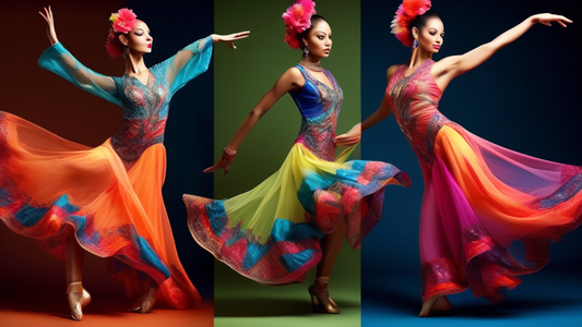 A vibrant and dynamic array of dance outfits adorned with intricate embellishments and flowing fabrics, designed to captivate and enhance the performance on stage.
