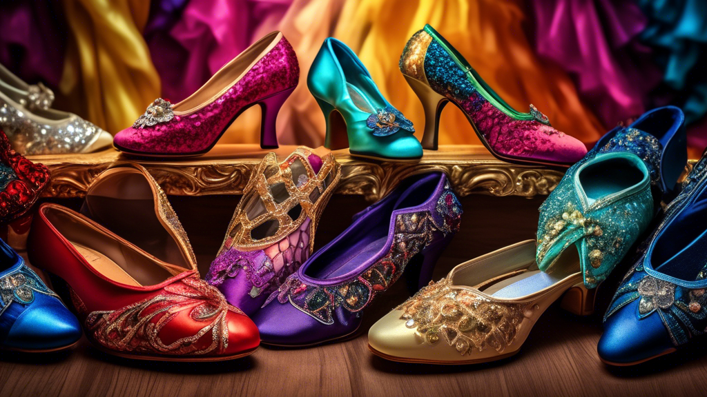 An assortment of dazzling ballroom dance shoes arranged in a captivating display, showcasing exquisite craftsmanship, intricate embellishments, and a kaleidoscope of colors and textures