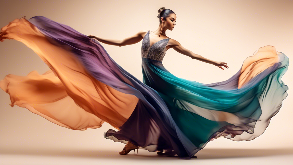 An elegant ballroom dancer wearing a flowing dress that evokes a sense of timelessness, captured in a dynamic pose with graceful movement and intricate details