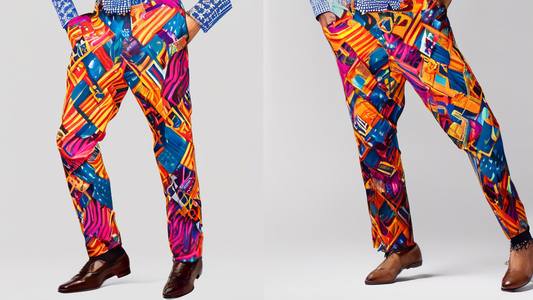 A pair of custom-tailored pants made from a vibrant, colorful fabric with unique patterns and embellishments, designed to embody the essence of jazz music and evoke a sense of rhythm and movement when