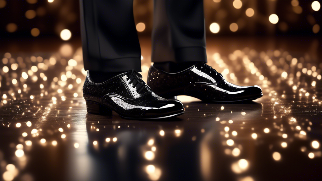 A photorealistic image of a man wearing a pair of black patent leather ballroom dance shoes, standing in a dance pose. The shoes should be highly detailed, showing the intricate stitching and embellis
