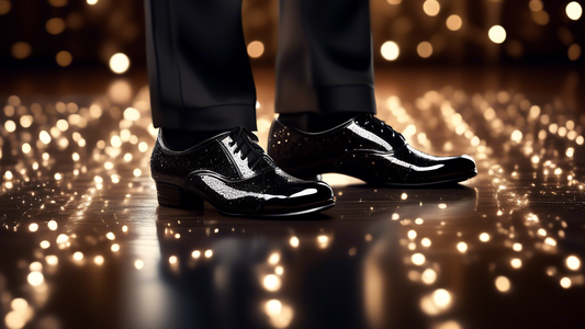 A photorealistic image of a man wearing a pair of black patent leather ballroom dance shoes, standing in a dance pose. The shoes should be highly detailed, showing the intricate stitching and embellis