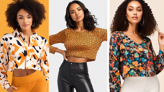 A collage of various styles of jazz tops, including crop tops, tank tops, long-sleeve tops, and blouses. The tops should feature different colors, patterns, and fabrics to showcase the versatility of 