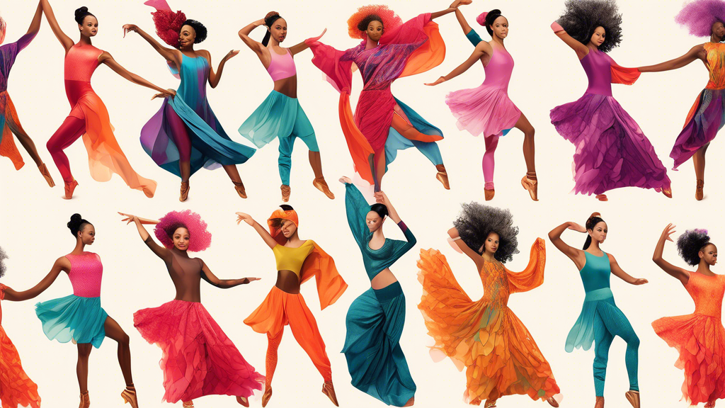 Create an image of a diverse group of dancers wearing costumes made from the top 10 fabrics for comfortable dancewear, showcasing each fabric's unique texture and appearance. Each dancer should be in a dynamic pose to highlight the flexibility and mo