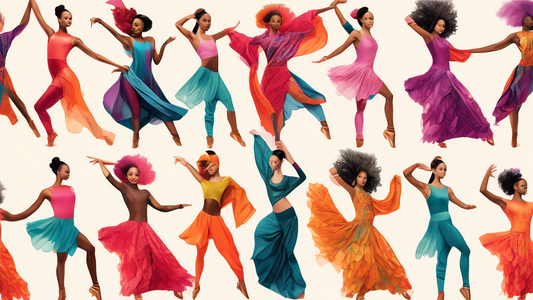 Create an image of a diverse group of dancers wearing costumes made from the top 10 fabrics for comfortable dancewear, showcasing each fabric's unique texture and appearance. Each dancer should be in a dynamic pose to highlight the flexibility and mo