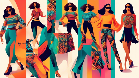 A vibrant and stylish collage of various trendy tops suitable for Latin dance classes, featuring bold colors, intricate patterns, and flattering silhouettes that accentuate movement and rhythm.