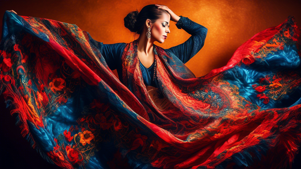 A vibrant Andalusian flamenco dancer twirling and expressing herself through the intricate patterns and flowing fabric of her elaborately decorated shawl, adorned with intricate embellishments that sh