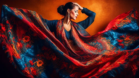 A vibrant Andalusian flamenco dancer twirling and expressing herself through the intricate patterns and flowing fabric of her elaborately decorated shawl, adorned with intricate embellishments that sh