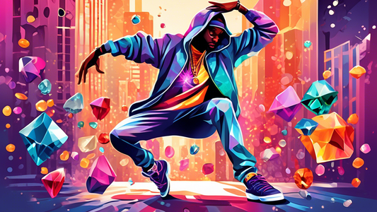 Create an image of a hip-hop dancer surrounded by a variety of rare and vibrant gemstones, such as alexandrite, musgravite, or padparadscha sapphires, as they showcase their moves in a stylish urban setting. Let the gemstones reflect different colors