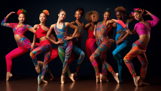 Create an image of a vibrant and diverse group of dancers in a studio setting, each wearing unique and stylish dancewear that reflects their individual personalities and preferences. From bold colors to intricate designs, showcase the dancers express