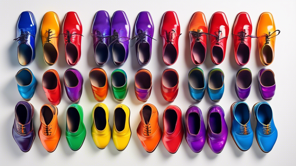 Generate an image of a group of tap shoes lined up in a row, each shoe a different vibrant color. The colors are reminiscent of a rainbow, with bright hues of red, orange, yellow, green, blue, indigo,