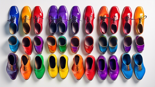 Generate an image of a group of tap shoes lined up in a row, each shoe a different vibrant color. The colors are reminiscent of a rainbow, with bright hues of red, orange, yellow, green, blue, indigo,