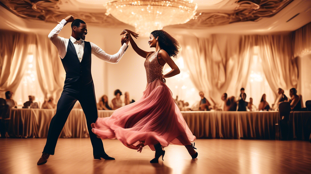 A stylish couple dancing in a ballroom, wearing affordable yet elegant attire that showcases their grace and elegance. The image should convey the joy and sophistication of ballroom dancing without br