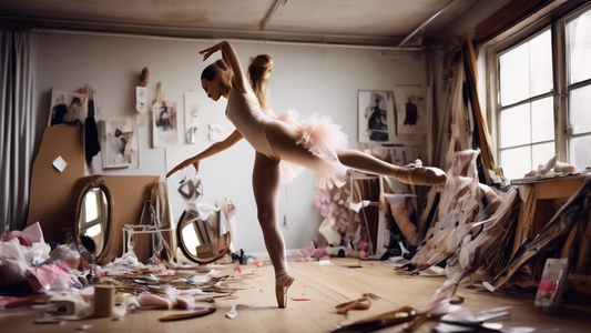 Create an image of a dancer in a studio, showcasing common dancewear dilemmas such as ripped tights, twisted leotard straps, or loose pointe shoe ribbons, with various easy fixes displayed around them, such as sewing kits, safety pins, and quick-stic