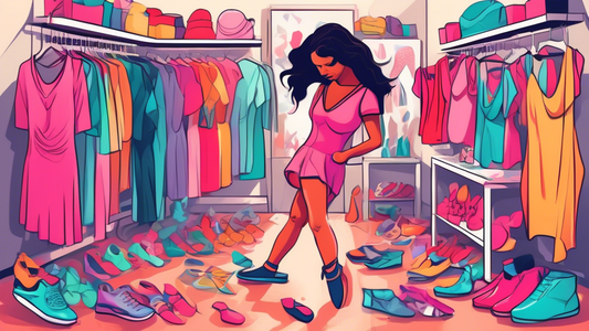 Create an image of a person frantically searching through a dancewear store, surrounded by various dancewear items such as leotards, tights, shoes, and accessories. The person appears stressed yet determined to find the perfect items to deal with a l