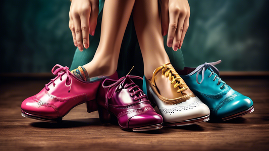 Create an image that showcases the benefits of online customization for tap shoes, featuring a variety of shoe designs, personalized features, and a satisfied customer expressing their joy and creativ