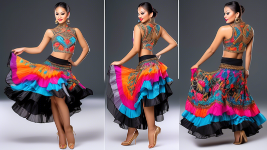 An elegant and vibrant Latin dance skirt, adorned with intricate embroidery and flowing layers of fabric, designed by a renowned fashion house for a glamorous and unforgettable performance.