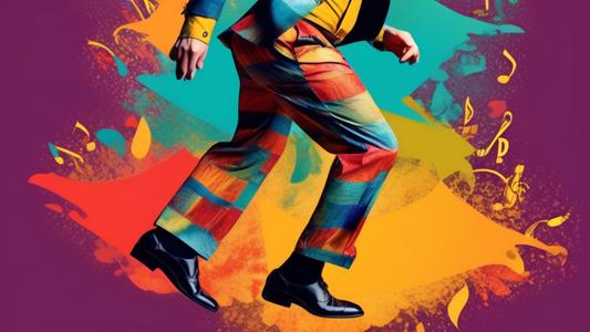 Create an image of a pair of pants covered in printed jazz sheet music, with someone wearing them and dancing. The pants should be billowing out from the movement. The colors should be vibrant and eye