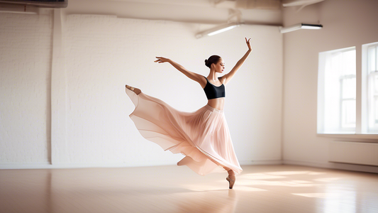 A fashion shoot in a dance studio featuring a model wearing high-performance dancewear, including a flowing skirt and a fitted top. The model should be posed in various dance poses, showcasing the fle