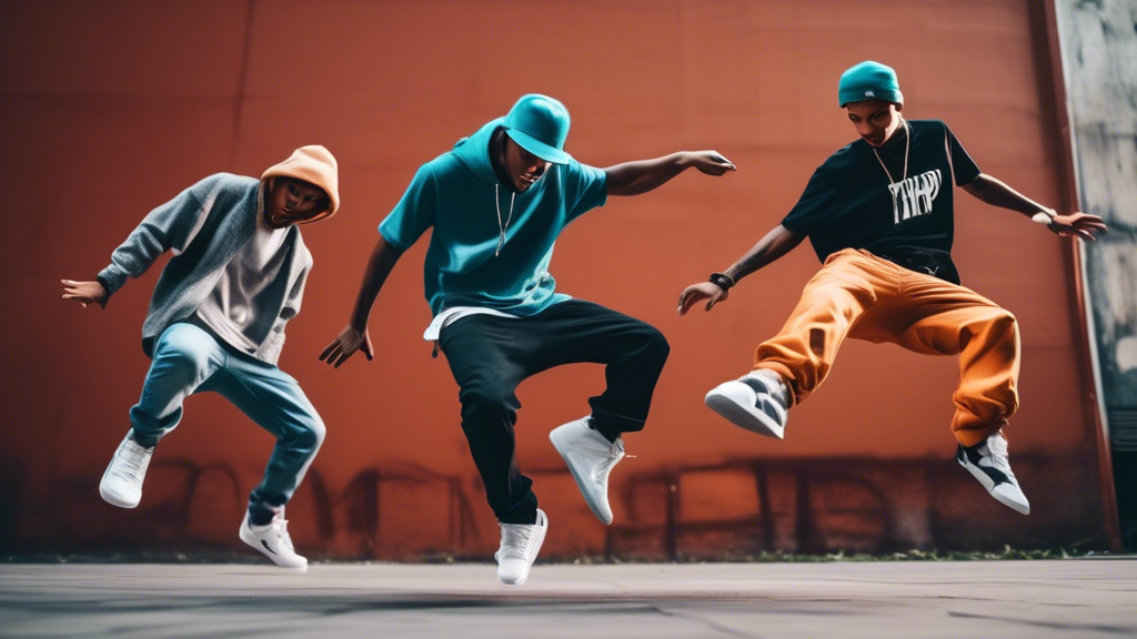 A group of people breakdancing in an urban setting, wearing sneakers with non-slip soles, capturing the movement and energy of hip hop dance