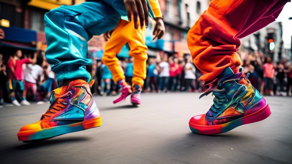 **DALL-E Prompt:**

**A vibrant and dynamic image that captures the excitement and style of street dance footwear.**

**Details to include:**

* Dancers wearing a variety of street dance shoes, such a