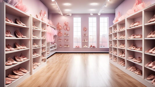 Create an image of a vibrant dance studio with shelves full of specialty dance items like ballet shoes, leotards, and accessories, showcasing products from the top 3 online retailers for specialty dance items. Each retailer's logo should be prominent