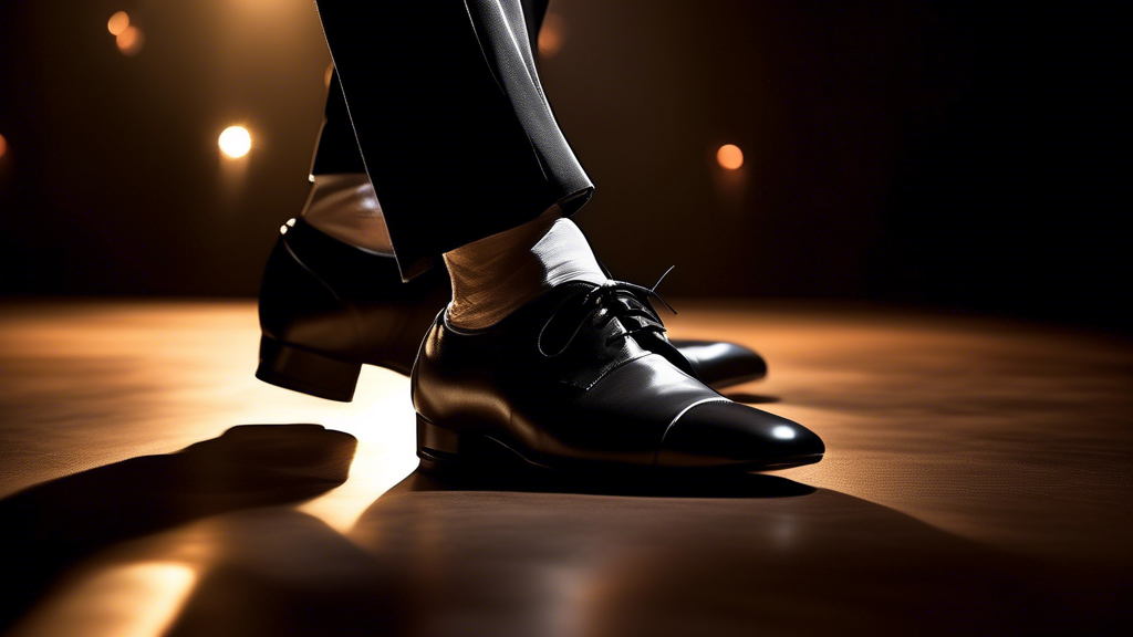 **DALL-E Prompt:**

A close-up, high-quality photo of elegant black leather men's dance shoes with a stylish design, worn by a male dancer on a stage under a spotlight.
