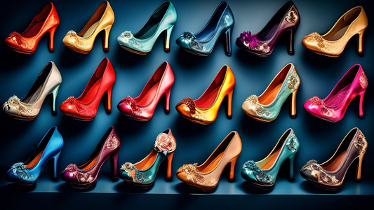 An elegant collection of high-heeled ballroom dance shoes, arranged in a row, showcasing various designs and colors, with a focus on showcasing the intricate details and craftsmanship of the shoes.