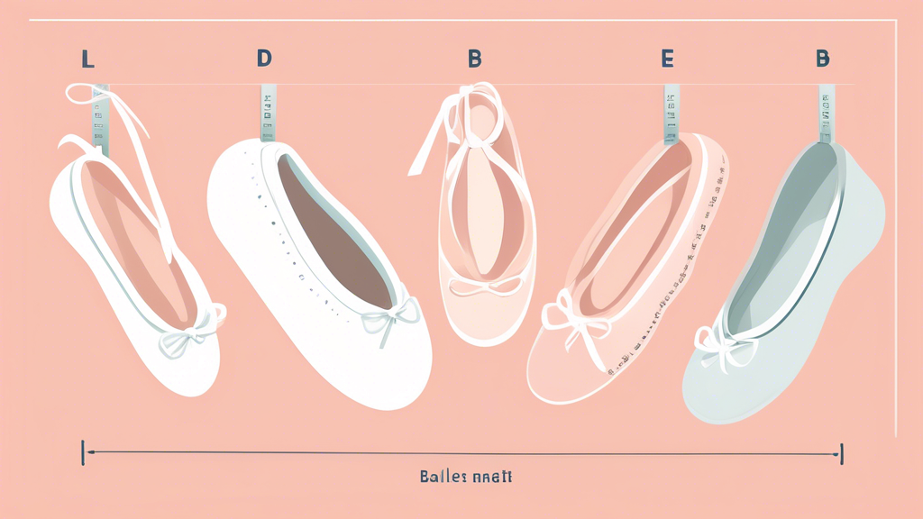 A detailed illustration of different sizes of ballet shoes lined up in a row, each with a corresponding measurement chart showing how to determine the correct size based on foot length and width.