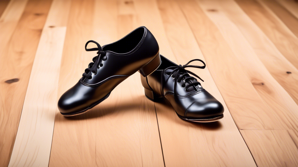 A pair of black tap shoes with wide toes on a hardwood dance floor